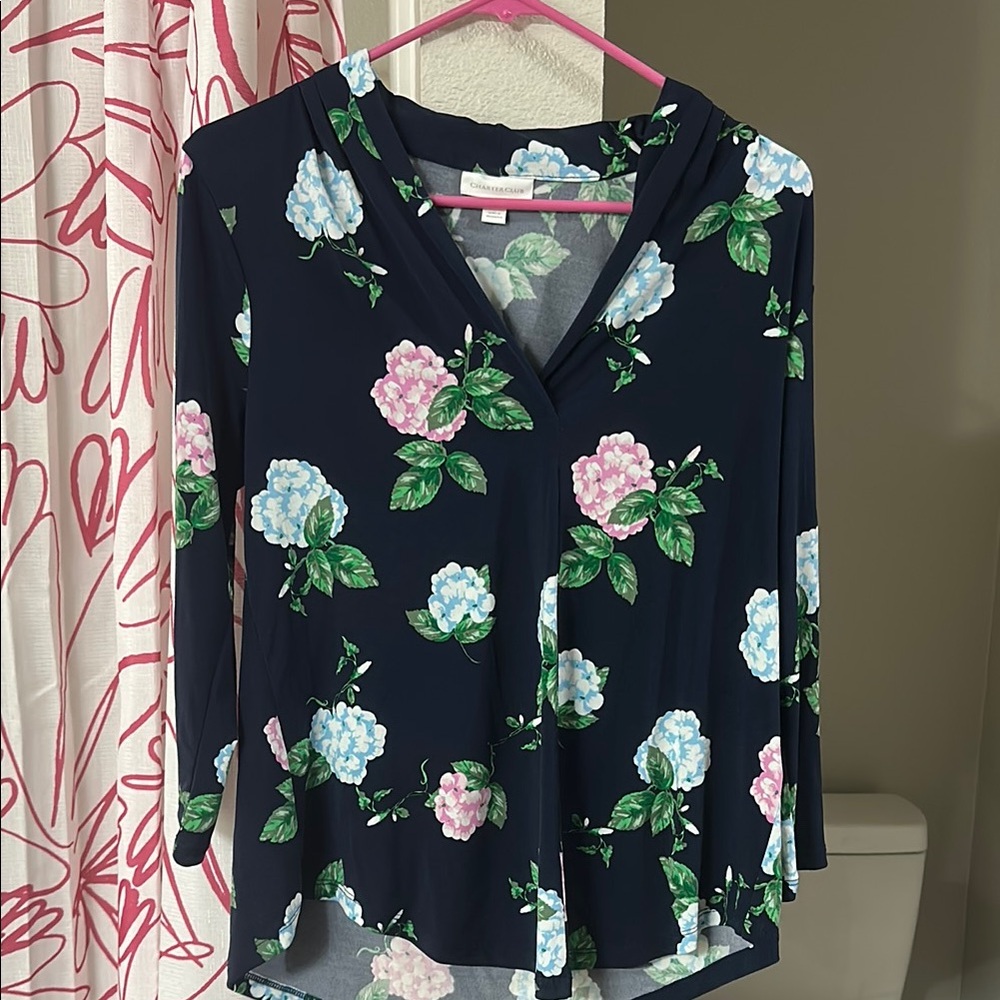 Charter Club Pink and Green Floral 3/4 Sleeve Blouse